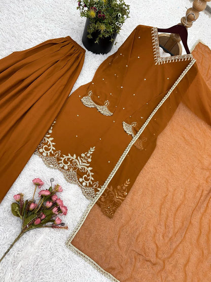 Designer Party Wear Top-Sharara Plazzo Set with Dupatta – Heavy Embroidered Faux Georgette | Readymade Suit for Women