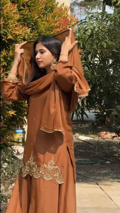 Designer Party Wear Top-Sharara Plazzo Set with Dupatta – Heavy Embroidered Faux Georgette | Readymade Suit for Women