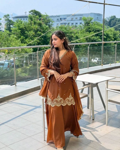Designer Party Wear Top-Sharara Plazzo Set with Dupatta – Heavy Embroidered Faux Georgette | Readymade Suit for Women