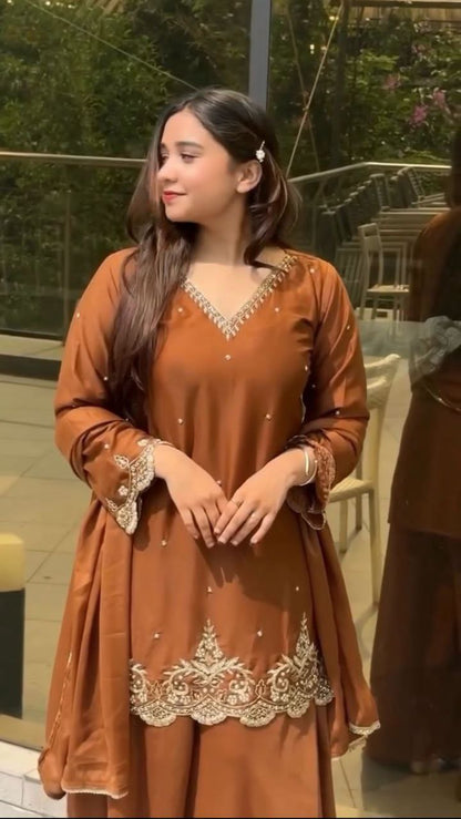 Designer Party Wear Top-Sharara Plazzo Set with Dupatta – Heavy Embroidered Faux Georgette | Readymade Suit for Women