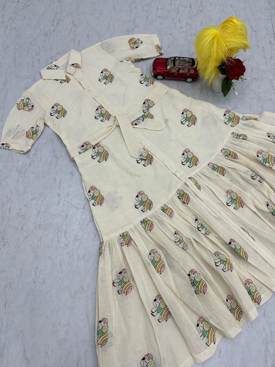 Premium Cotton Frock with Heavy Thread Embroidery & Side Pocket | Belted | Fully Stitched