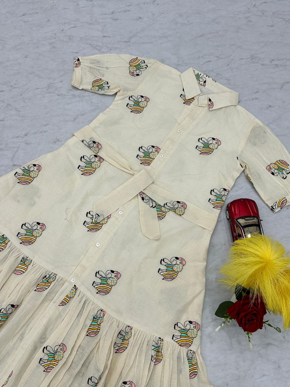 Premium Cotton Frock with Heavy Thread Embroidery & Side Pocket | Belted | Fully Stitched