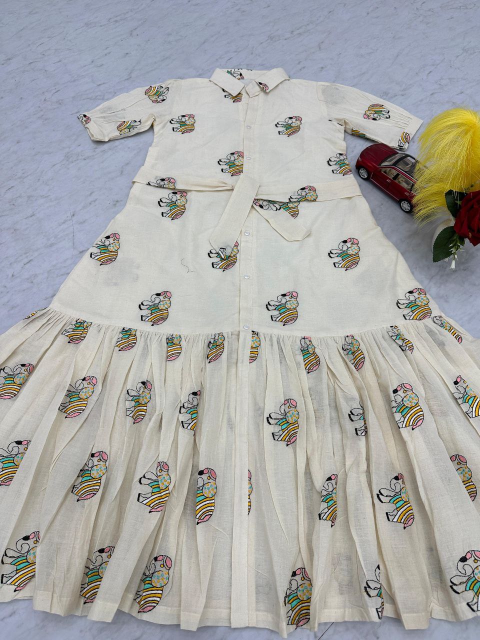 Premium Cotton Frock with Heavy Thread Embroidery & Side Pocket | Belted | Fully Stitched