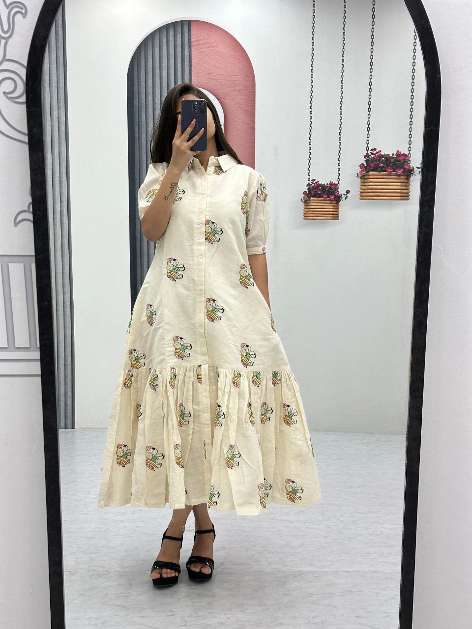Premium Cotton Frock with Heavy Thread Embroidery & Side Pocket | Belted | Fully Stitched