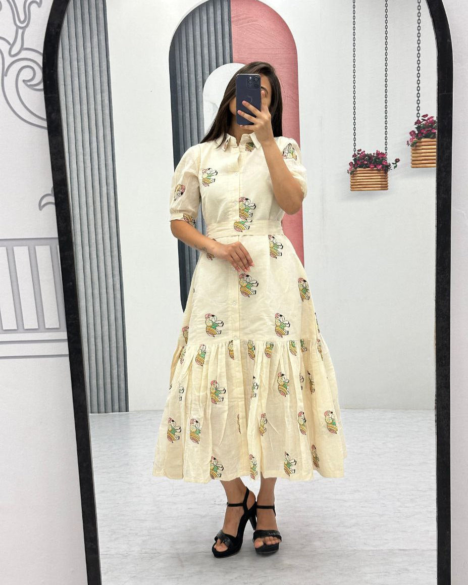 Premium Cotton Frock with Heavy Thread Embroidery & Side Pocket | Belted | Fully Stitched