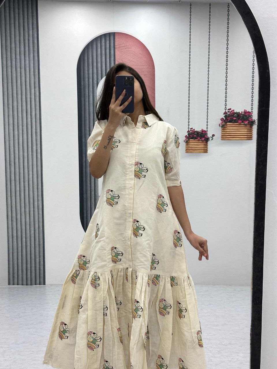 Premium Cotton Frock with Heavy Thread Embroidery & Side Pocket | Belted | Fully Stitched