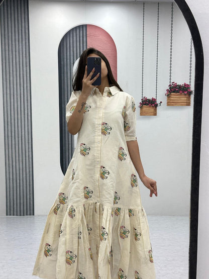 Premium Cotton Frock with Heavy Thread Embroidery & Side Pocket | Belted | Fully Stitched