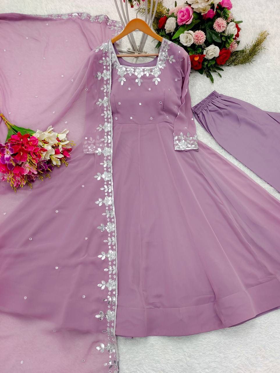 Elegant Pure Fox Georgette Anarkali Gown Set with Embroidered Dupatta & Pant
