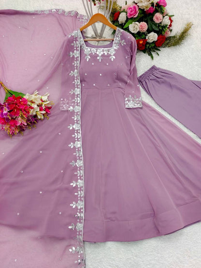 Elegant Pure Fox Georgette Anarkali Gown Set with Embroidered Dupatta & Pant