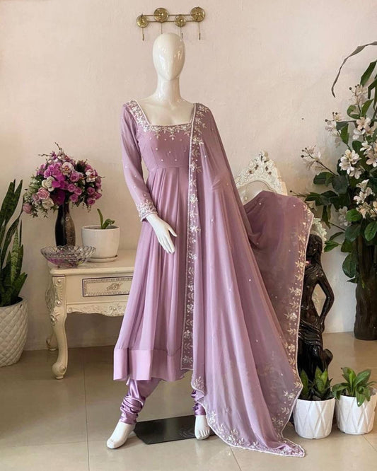 Elegant Pure Fox Georgette Anarkali Gown Set with Embroidered Dupatta & Pant