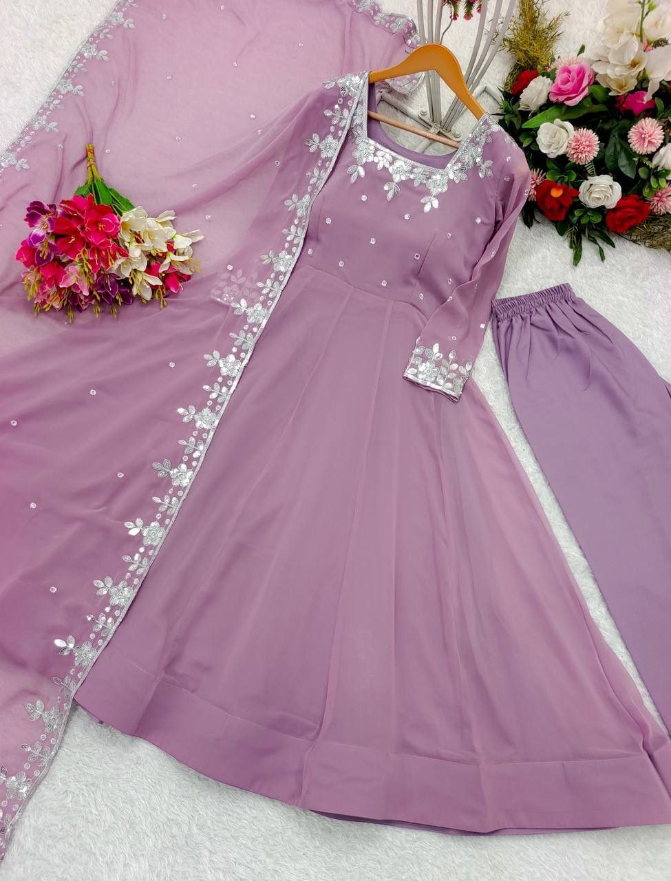 Elegant Pure Fox Georgette Anarkali Gown Set with Embroidered Dupatta & Pant