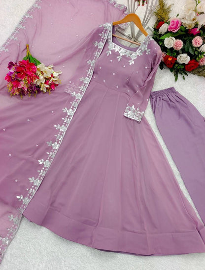 Elegant Pure Fox Georgette Anarkali Gown Set with Embroidered Dupatta & Pant