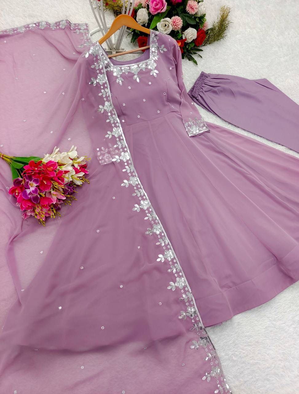 Elegant Pure Fox Georgette Anarkali Gown Set with Embroidered Dupatta & Pant