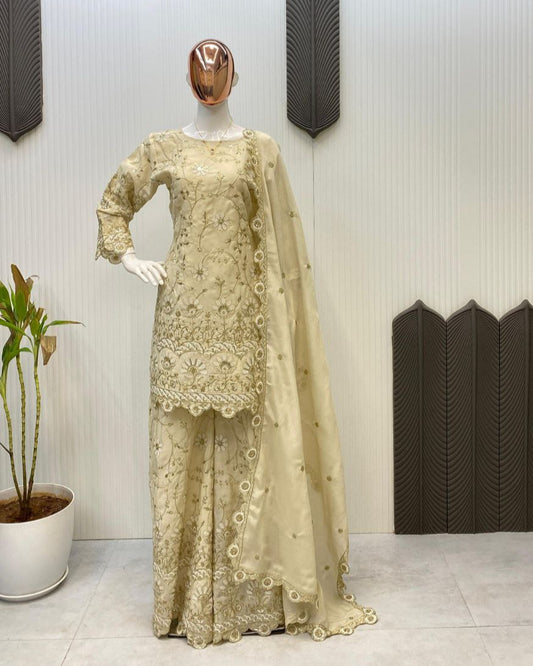 Chinon Kurta Plazzo Dupatta Set with All-Over Sequin Embroidery