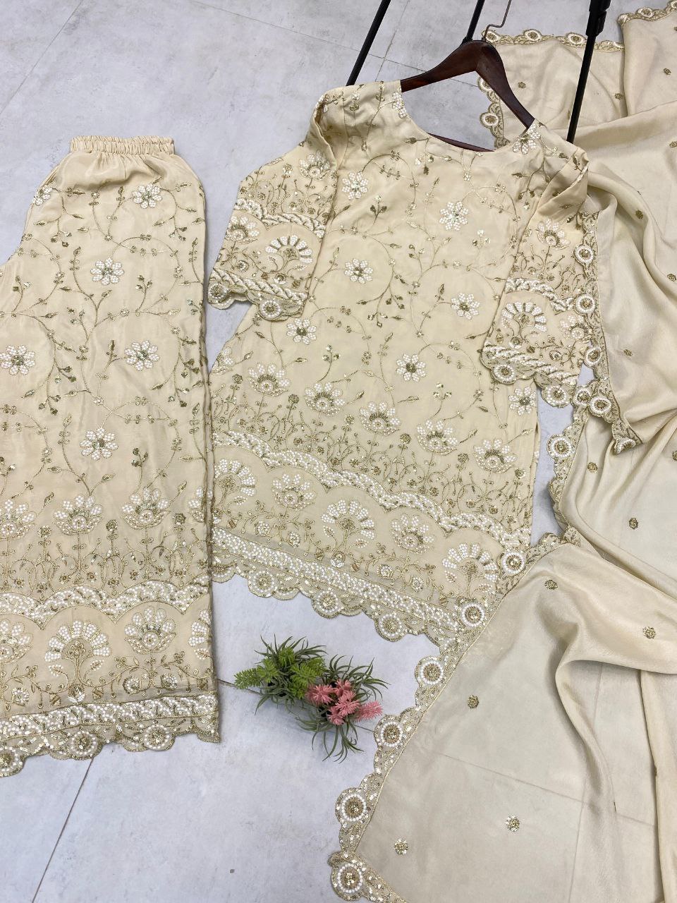 Chinon Kurta Plazzo Dupatta Set with All-Over Sequin Embroidery