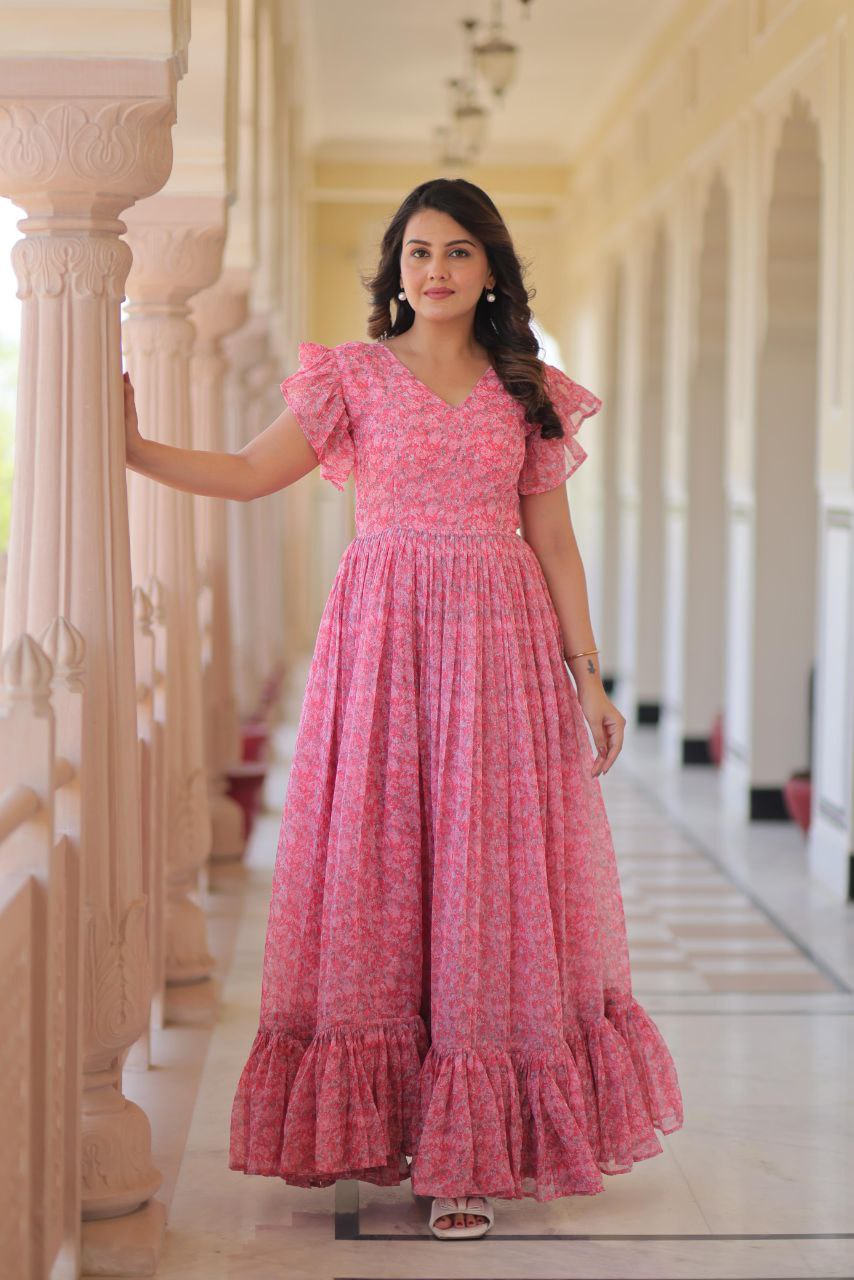 Premium Faux Georgette Flared Gown with Printed Design & Bell Sleeves
