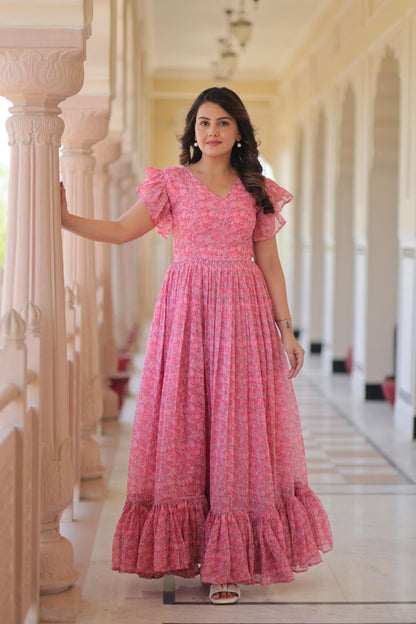 Premium Faux Georgette Flared Gown with Printed Design & Bell Sleeves
