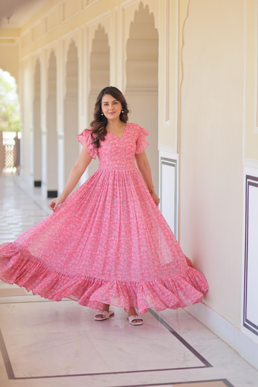 Premium Faux Georgette Flared Gown with Printed Design & Bell Sleeves