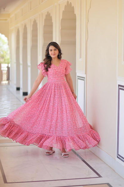Premium Faux Georgette Flared Gown with Printed Design & Bell Sleeves