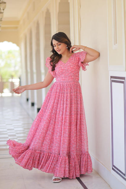 Premium Faux Georgette Flared Gown with Printed Design & Bell Sleeves