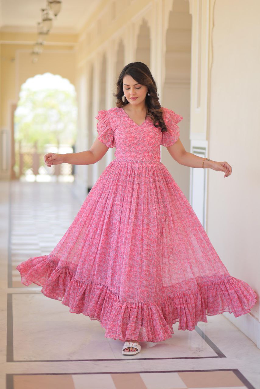 Premium Faux Georgette Flared Gown with Printed Design & Bell Sleeves