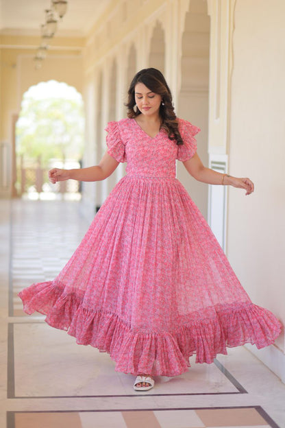 Premium Faux Georgette Flared Gown with Printed Design & Bell Sleeves