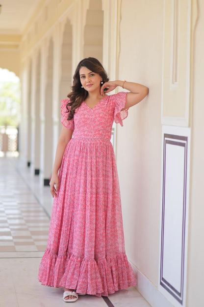 Premium Faux Georgette Flared Gown with Printed Design & Bell Sleeves