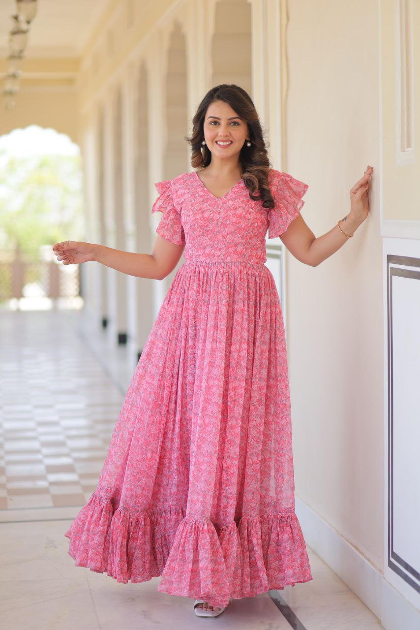 Premium Faux Georgette Flared Gown with Printed Design & Bell Sleeves