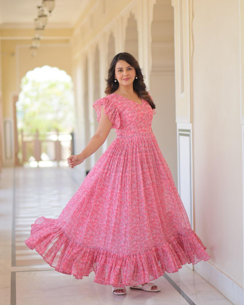 Premium Faux Georgette Flared Gown with Printed Design & Bell Sleeves