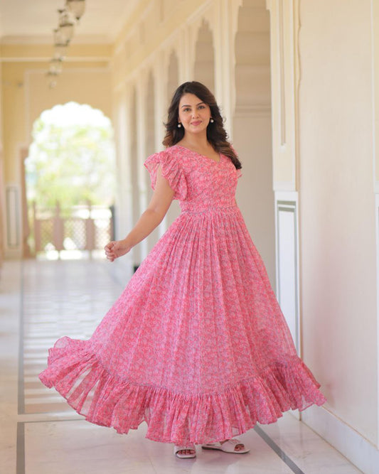 Premium Faux Georgette Flared Gown with Printed Design & Bell Sleeves