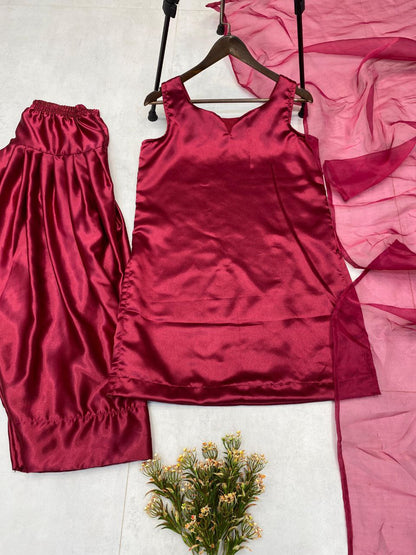 Designer Farsi Salwar Suit in Moss Satin with Organza Dupatta