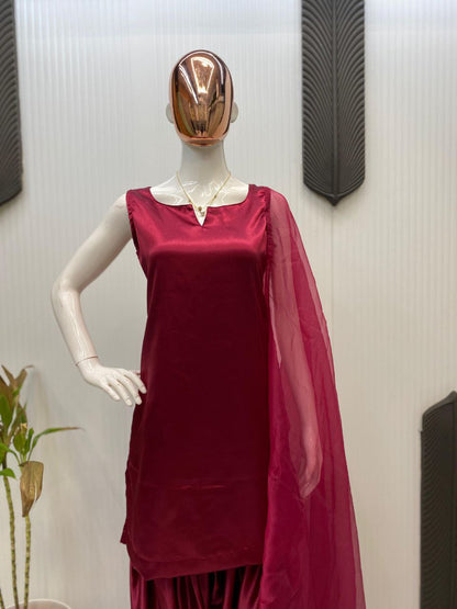 Designer Farsi Salwar Suit in Moss Satin with Organza Dupatta