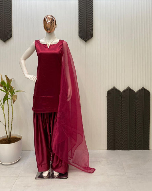 Designer Farsi Salwar Suit in Moss Satin with Organza Dupatta