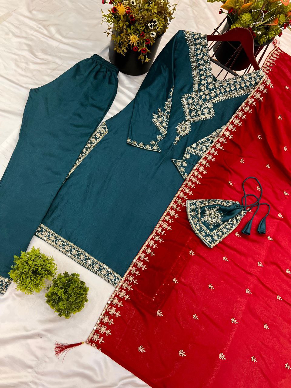 Festival Wear Chinnon Silk Suit Set with Heavy Embroidery