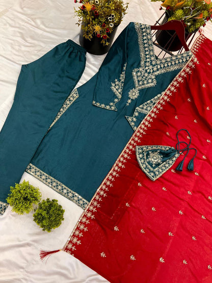 Festival Wear Chinnon Silk Suit Set with Heavy Embroidery