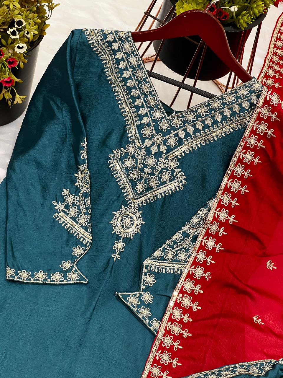 Festival Wear Chinnon Silk Suit Set with Heavy Embroidery