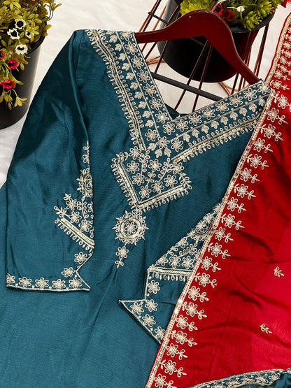 Festival Wear Chinnon Silk Suit Set with Heavy Embroidery