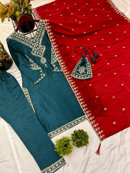 Festival Wear Chinnon Silk Suit Set with Heavy Embroidery
