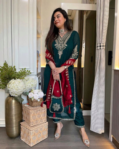 Festival Wear Chinnon Silk Suit Set with Heavy Embroidery