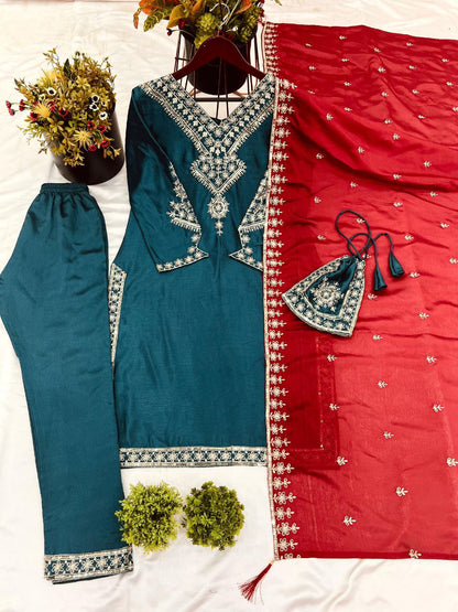 Festival Wear Chinnon Silk Suit Set with Heavy Embroidery