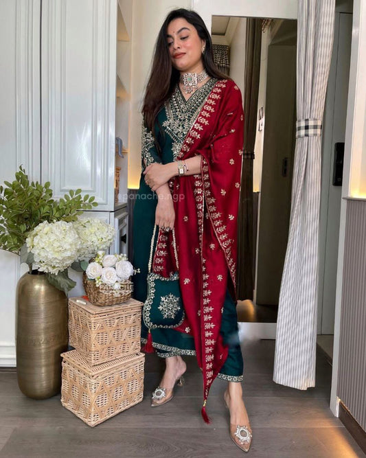 Festival Wear Chinnon Silk Suit Set with Heavy Embroidery
