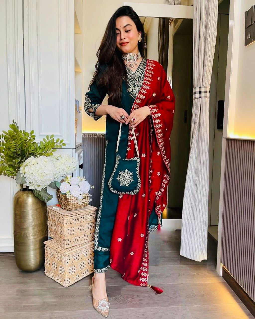 Festival Wear Chinnon Silk Suit Set with Heavy Embroidery