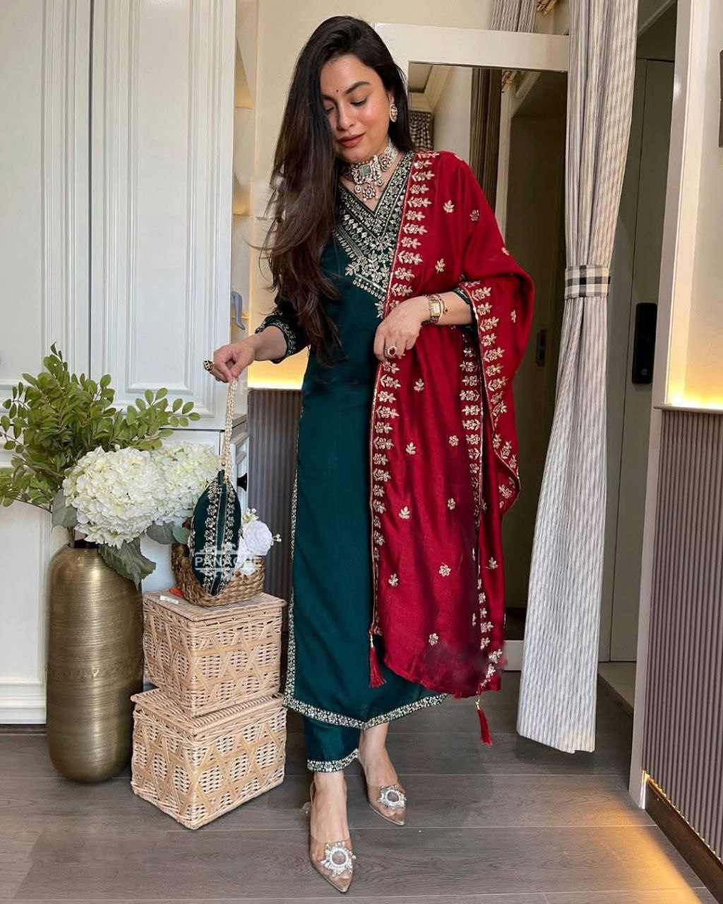 Festival Wear Chinnon Silk Suit Set with Heavy Embroidery