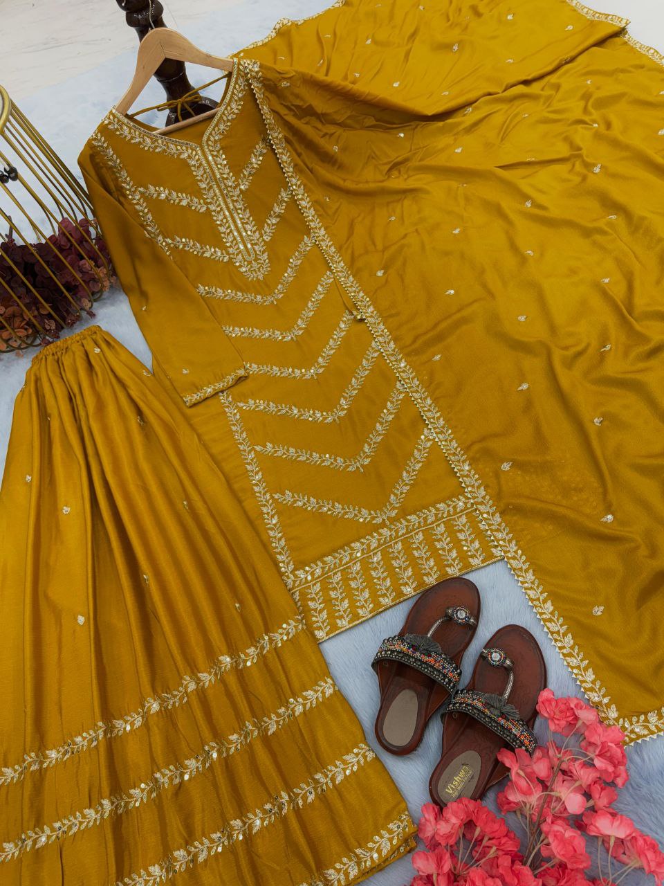 Designer Chinon Silk Embroidered Party Wear Set | Top, Plazzo & Dupatta | Readymade & Fully Stitched