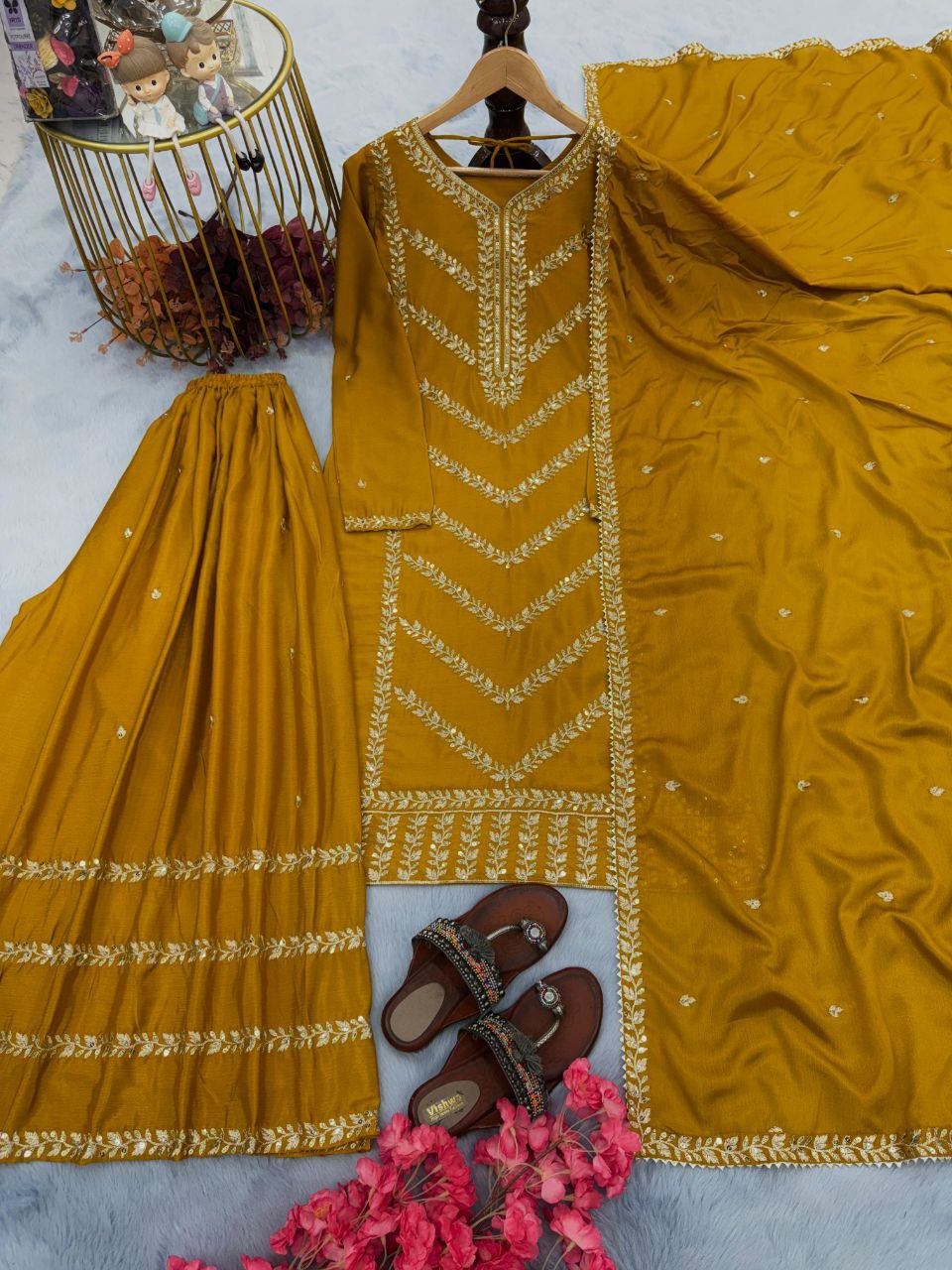 Designer Chinon Silk Embroidered Party Wear Set | Top, Plazzo & Dupatta | Readymade & Fully Stitched