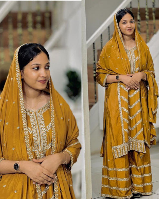 Designer Chinon Silk Embroidered Party Wear Set | Top, Plazzo & Dupatta | Readymade & Fully Stitched
