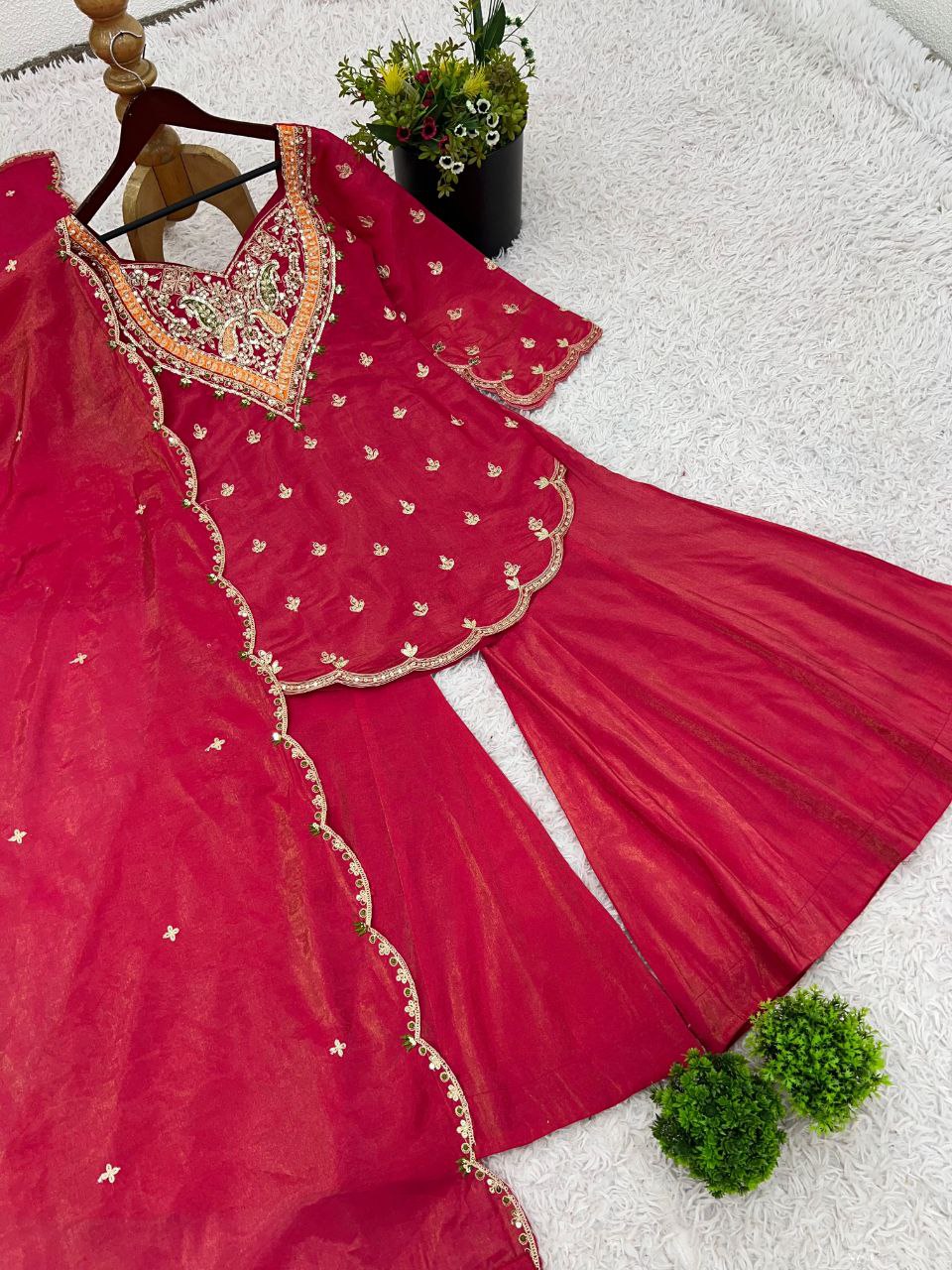 Designer Simar Silk Embroidered Kurti with Plazzo & Dupatta Set | Fully Stitched Party Wear Outfit