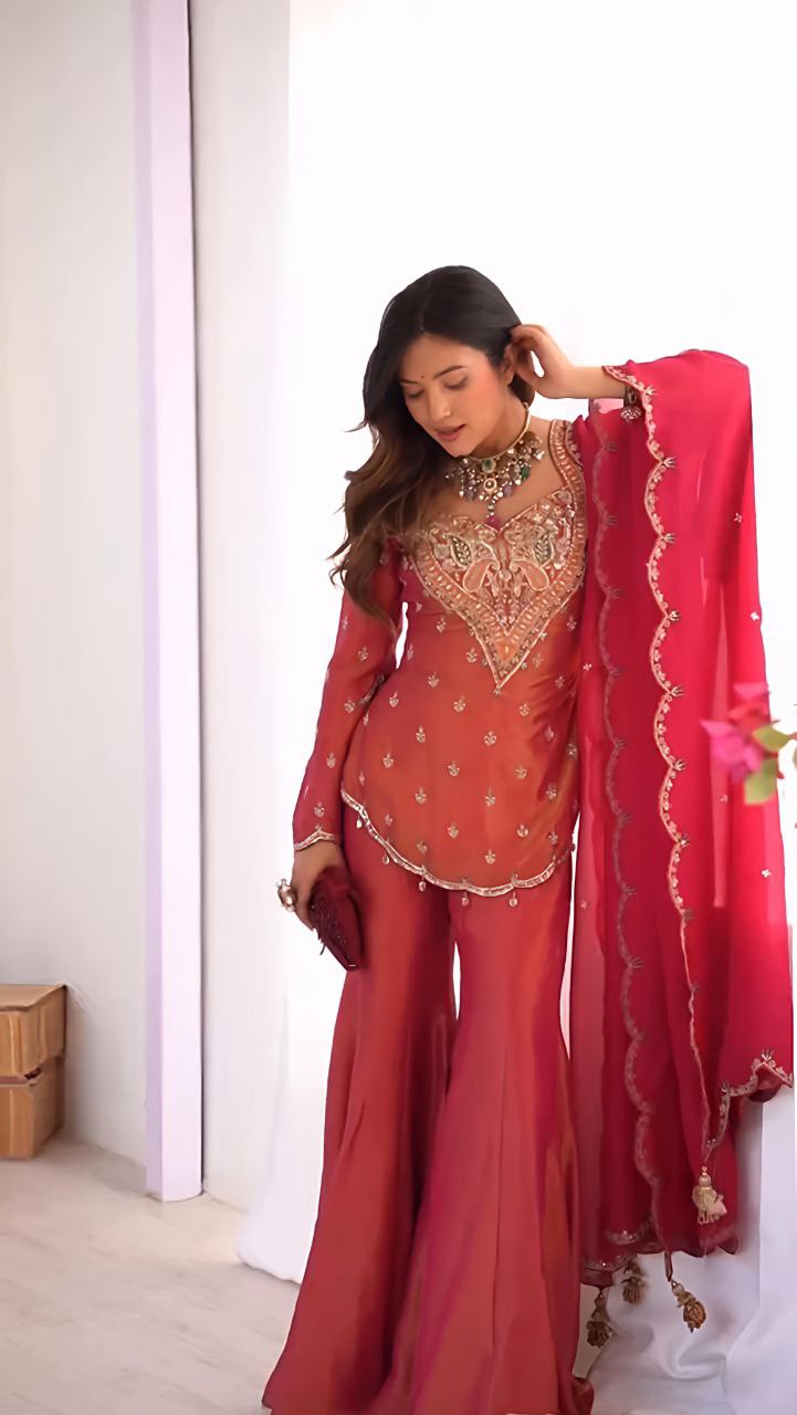 Designer Simar Silk Embroidered Kurti with Plazzo & Dupatta Set | Fully Stitched Party Wear Outfit