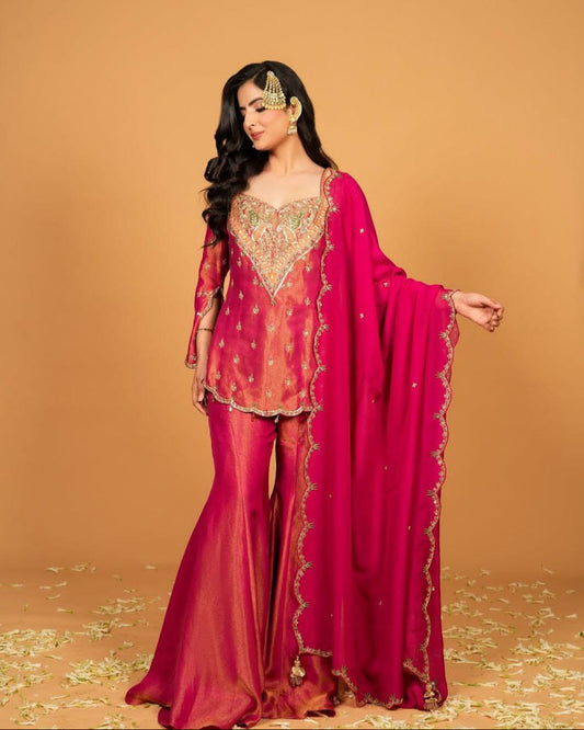 Designer Simar Silk Embroidered Kurti with Plazzo & Dupatta Set | Fully Stitched Party Wear Outfit