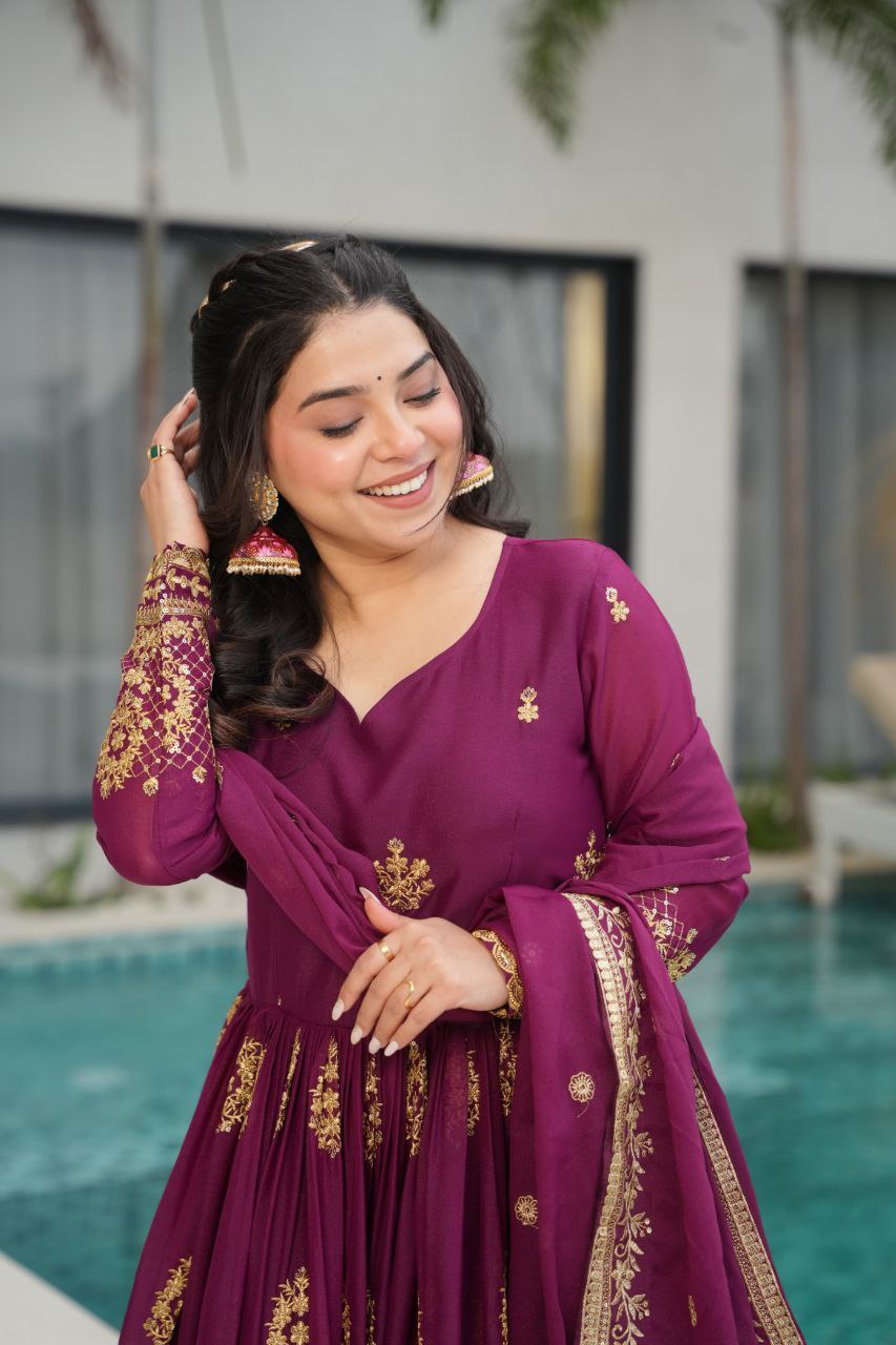 Premium Star Georgette Embroidered Gown with Dupatta